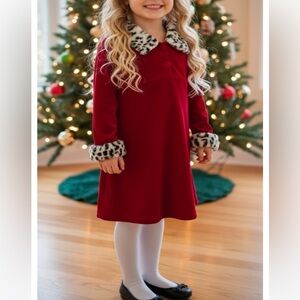 Special Occasion Red Velvet Long Sleeve Dress w/Leopard Faux Fur Trim